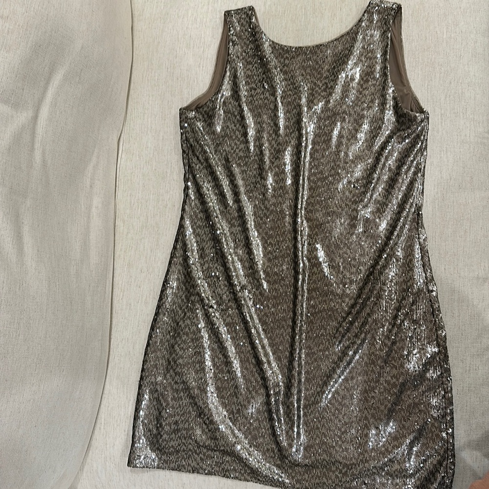 White House Black Market silver gray sequined dress with V back